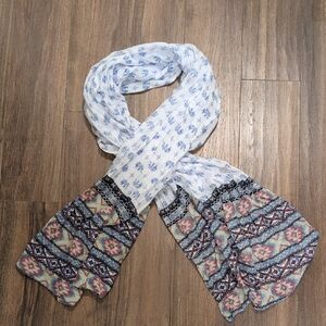 Blue and White Elephant and Geometric Patterned Scarf - White and Multicolor
